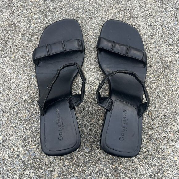 Cole Haan Black Leather Square Slide Open Toe Sandals - Picture 10 of 10